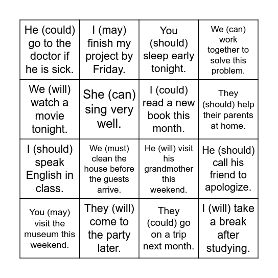 Modal Verbs Bingo Card