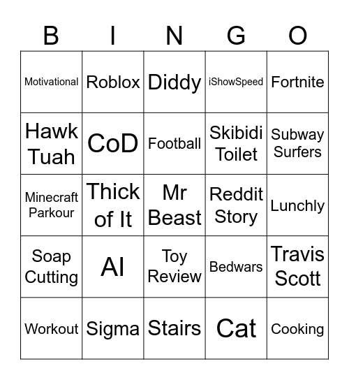 Shorts Bingo Card