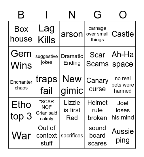 Wild Life Bingo Card