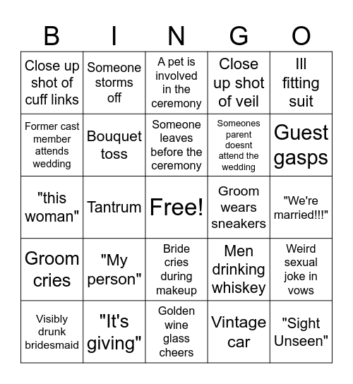Love is Blind: wedding ep bingo Card