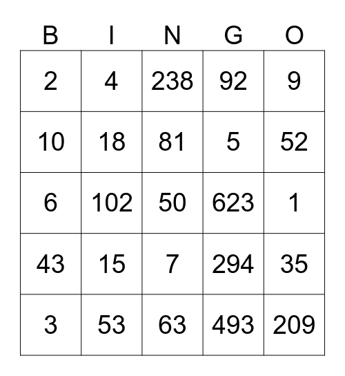 Numbers 1-10 Bingo Card