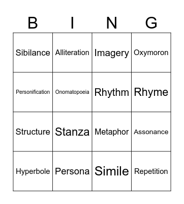 Poetry Techniques Bingo Card