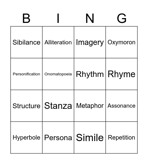 Poetry Techniques Bingo Card