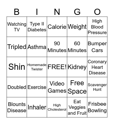 Obesity Bingo Card