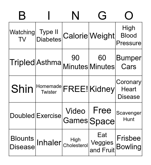 Obesity Bingo Card