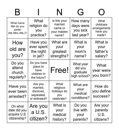 Illegal Interview Question BINGO Card