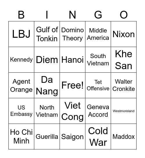Vietnam War Bingo Card