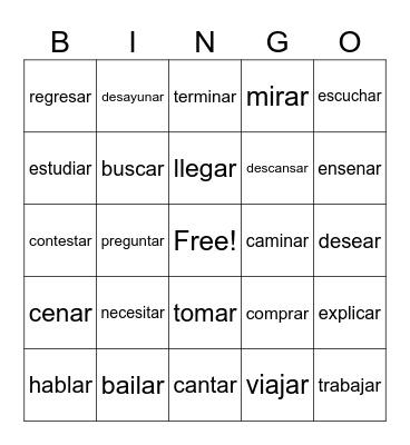 Common -ar Verbs Bingo Card