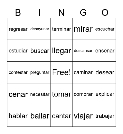 Common -ar Verbs Bingo Card