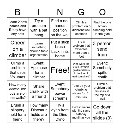 Bouldering BINGO! Bingo Card