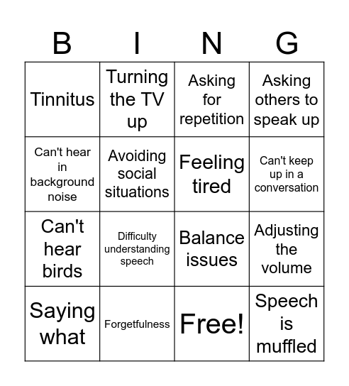 Symptoms of Hearing Loss Bingo Card