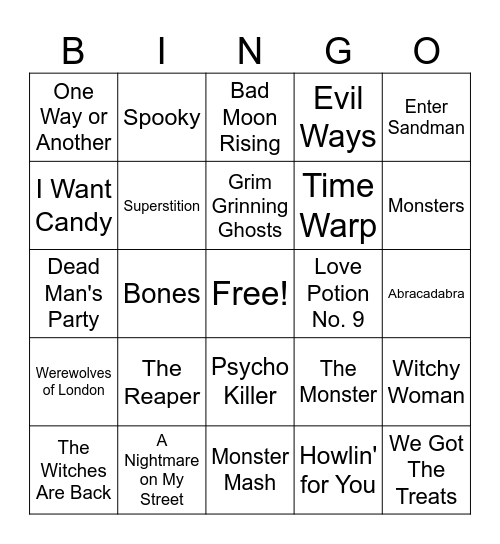 Halloween Playlist Bingo Card