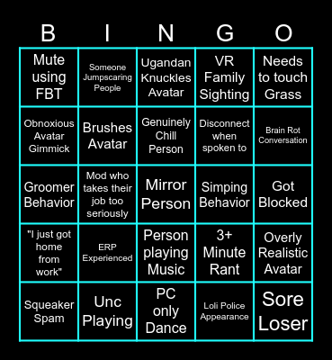 Vr Chat Bingo Card