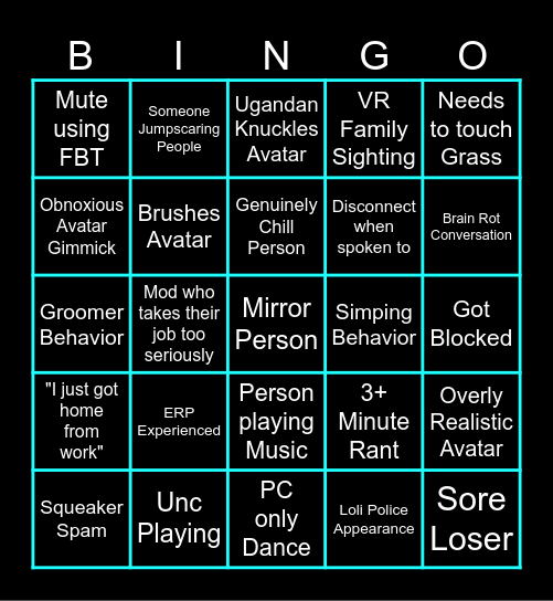 Vr Chat Bingo Card