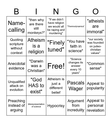 Shitty Theist Bingo Card