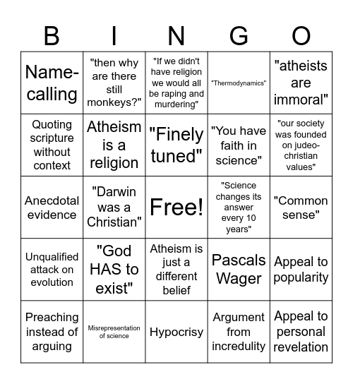 Shitty Theist Bingo Card