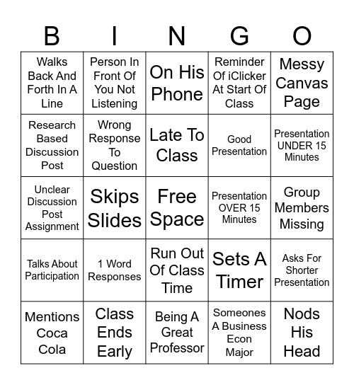 Weekly Class Bingo Card
