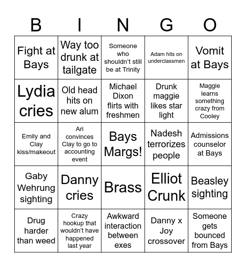 Alumni Weekend Bingo Card