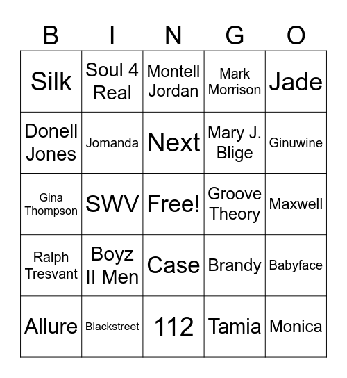 90's RnB Mixy Mix Bingo Card