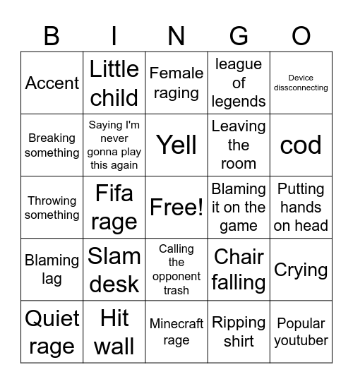 Gamer rage Bingo Card