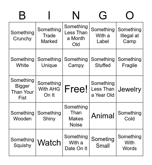 AHG Scavenger Hunt Bingo Card