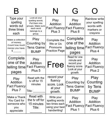 Homework Bingo Card