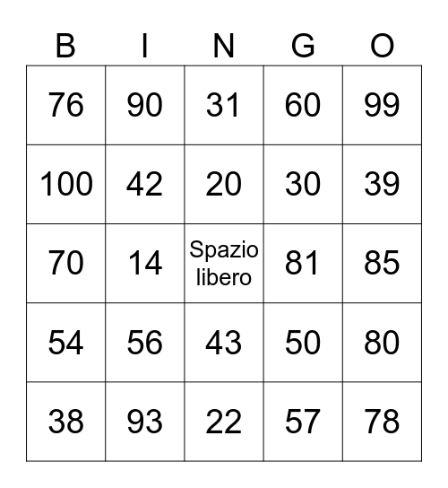 I Numeri Bingo Card
