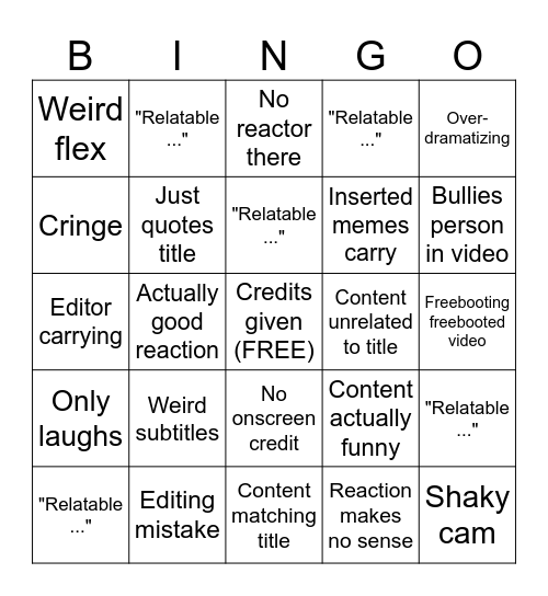 Reaction Bingo (like Jacksfilms) Bingo Card