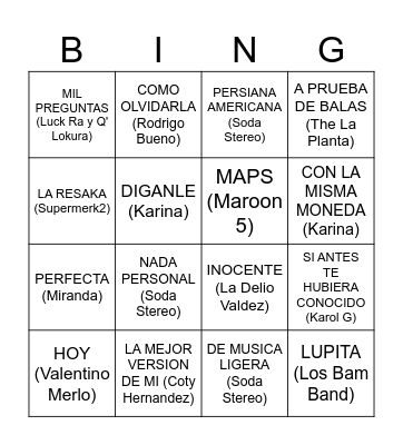 BINGO SONG Bingo Card