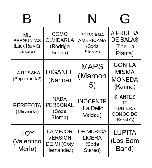 BINGO SONG Bingo Card