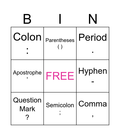 Punctuation Bingo Cards Bingo Card