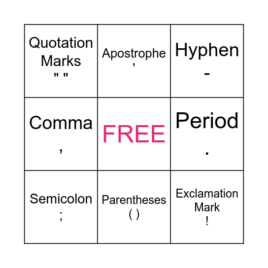 Punctuation Bingo Card