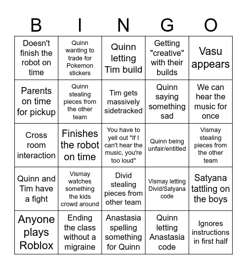 FLL Explore Team Bingo Card
