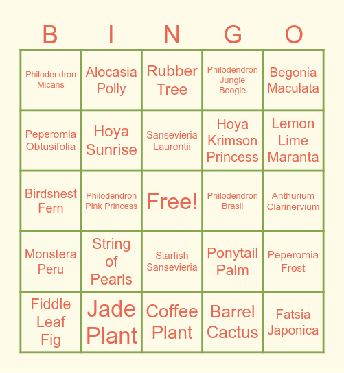 Plant Bingo Card