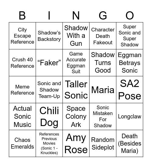 Sonic the Hedgehog 3 Bingo Card