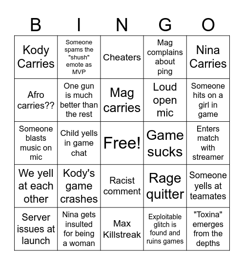 Call of Duty Nonsense Bingo Card