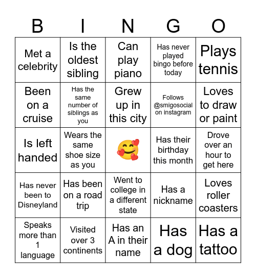 Get to know each other! Bingo Card