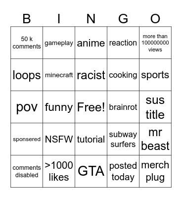 you tube shorts Bingo Card