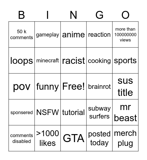 you tube shorts Bingo Card