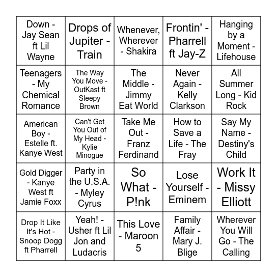 Top Pop Hits of the 2000's Bingo Card