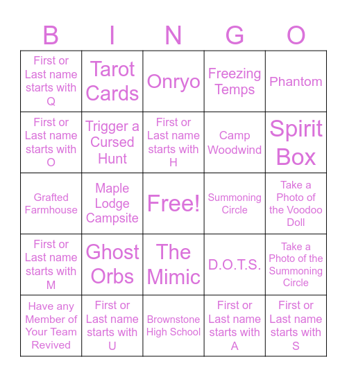 Phasmophobia Bingo Card