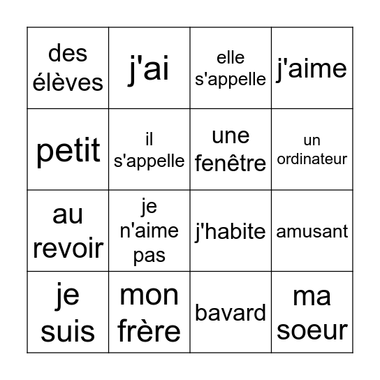 Le français est cool Bingo Card