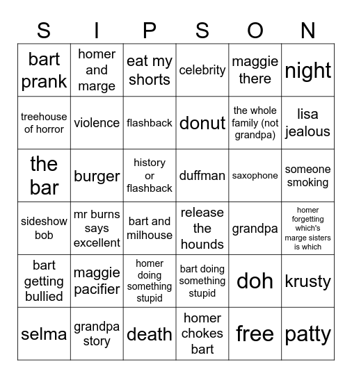 simpsons bingo 6x6 Bingo Card