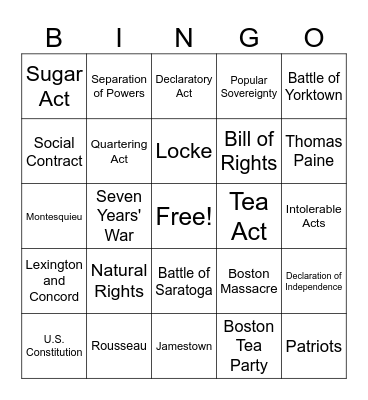 Enlightenment/American Revolution Review Bingo Card