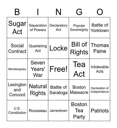 Enlightenment/American Revolution Review Bingo Card