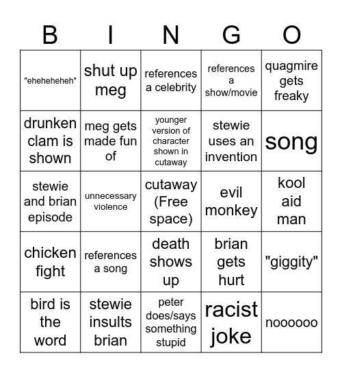 family guy Bingo Card