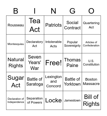 Enlightenment/American Revolution Bingo Card