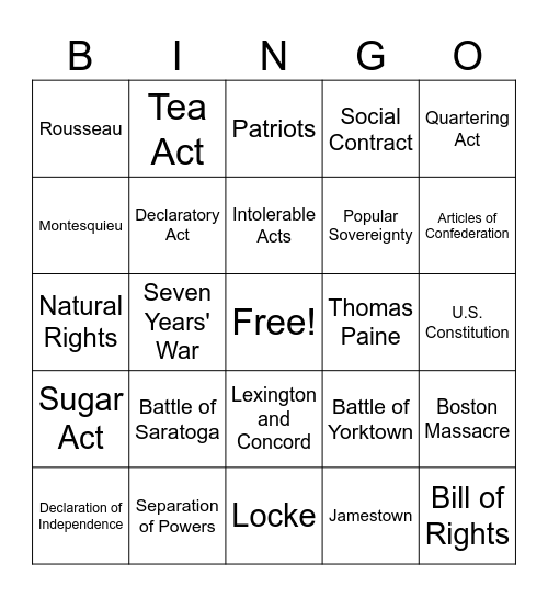 Enlightenment/American Revolution Bingo Card