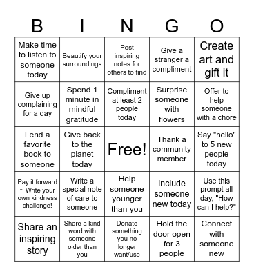 21 Days of Kindness Bingo Card