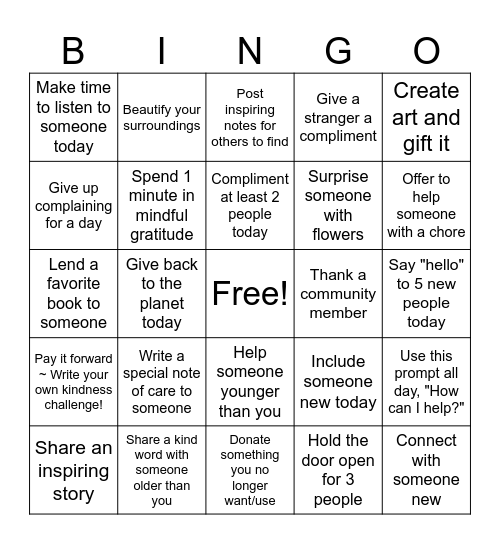 21 Days of Kindness Bingo Card